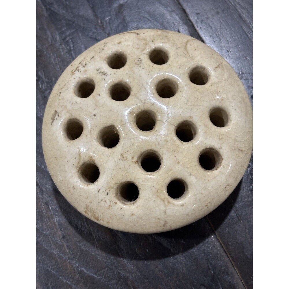 Flower Frog 16 Hole 4” Beige Glazed Pottery Vintage Floral Decor